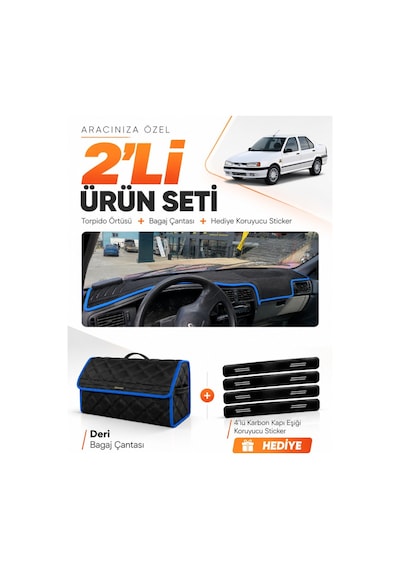 E-biz Renault 19 Europa 1996-2003 Uyumlu Torpido Örtüsü + Deri Bagaj Çantası - Siyah-mavi - Re004