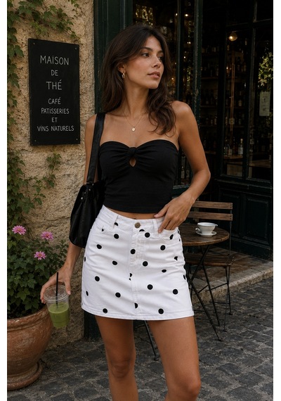 Seeh Beyaz Puantiyeli Mini Jean Etek Sh389 Basic