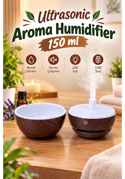 Şarjlı Led Işıklı Ultrasonik Hava Nemlendirici Buhurdanlık Ev Ve Araç İçin Usb Port Ceviz Renk Mini Boy Aromaterapi Difüzör
