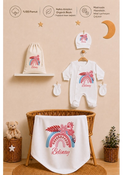 Pia Baby Kız Bebek Hediyesi İsme Özel Hastane Çıkışı Battaniyeli Tulum Seti %100 Pamuk Ham Bez Kıyafet Keseli 2029btkyx Ekru