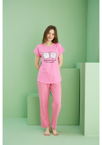 Siyah İnci Pamuklu Bisiklet Yaka Örme Pijama Takım25117079 Pembe