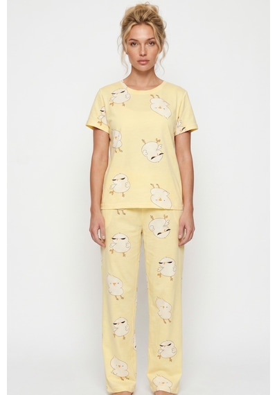 Siyah İnci İnce Soft Örme Mevsimlik Pijama Takımı 8003 Sarı Civciv