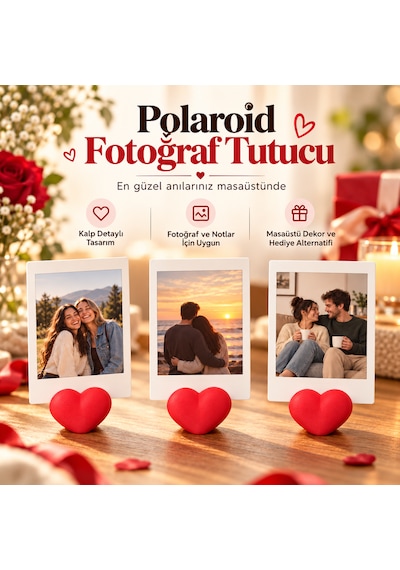 3'lü Kalp Fotoğraf Tutucu Seti Dekoratif Masaüstü Anı Standı Kırmızı