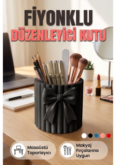 Fiyonklu Çizgili Düzenleyici Kutu Masaüstü Kalemlik Makyaj Fırçalık Siyah