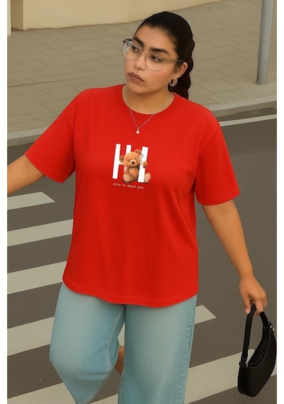 Benroma Büyük Beden Ayıcık Baskılı Unisex Tişört Çok Renkli