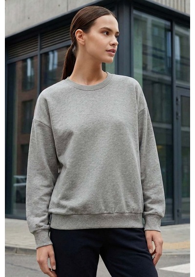 Gri Melanj Basic O Yaka Oversize Kadın Sweatshirt - 97053 Gri Melanj