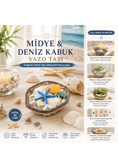Küçük - Kare - Ahşap Sepetli Renkli Mix Midye - Deniz Kabuk Vazo Taşı 11