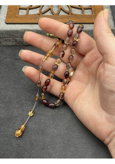 Bürokrat Boy Badem Kesim Şeffaf Alacalı Bal Sarısı Sıkma Kehribar Tesbih 6x8 Mm Sarı