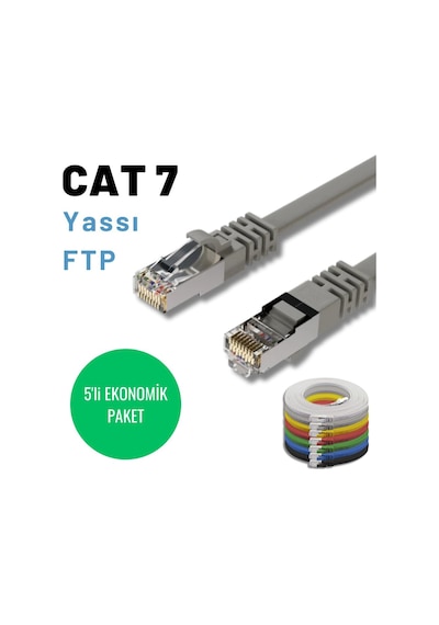 5 Adet 5 Metre Gri Cat7 Yassı Ftp Ethernet Network İnternet Kablosu