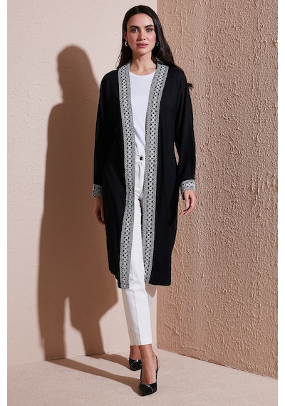 Lela Modest Regular Fit Bağlamalı Nakışlı Tesettür Uzun Kimono Bayan Hırka 5866173 Siyah