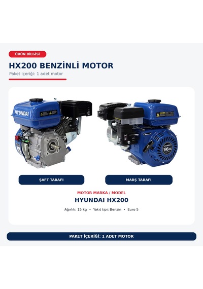 Hyundai Hx200 6,5 Hp Benzinli Motor 20 Mm Şaft Yağlı Hava Filtreli