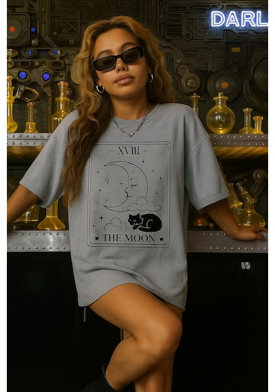 The Moon Baskılı Oversize Unisex Tişört Gri