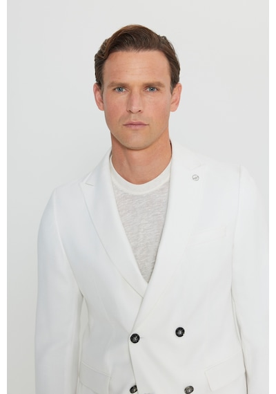 AC&Co / Altınyıldız Classics Erkek Ekru Slim Fit Dar Kesim Kırlangıç Yaka Kapak Cepli Blazer Ceket Ekru