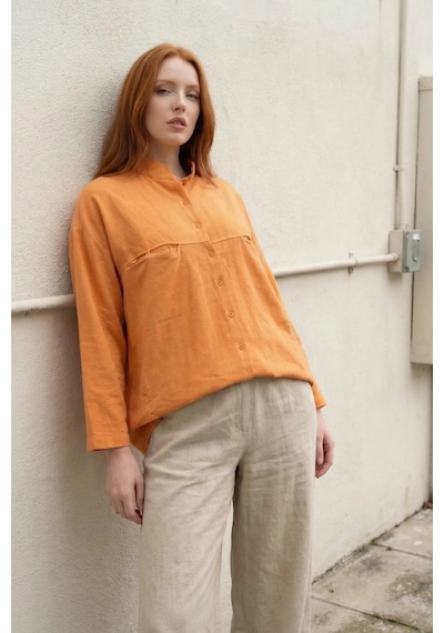 Hiccup My Fashıon Oversize Uzun Kollu Keten Karışımlı Gömlek Soluk Turuncu