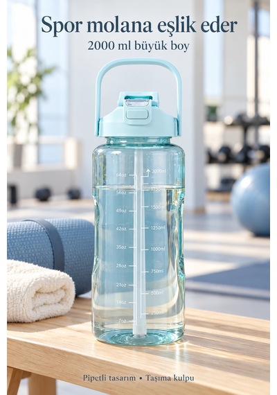 Tilbe Home 3lü Motivasyonel Suluk Matara Seti 2000+750+280ml Pipetli Sticker Askılı Spor Okul Su Şiş Mavi