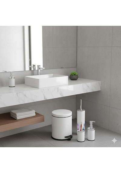 Vinoks Eko Serisi 4' Lü Banyo Seti Çöp Kovası+kolozet Fırçası+sabunluk+fırçalık Beyaz Renkli