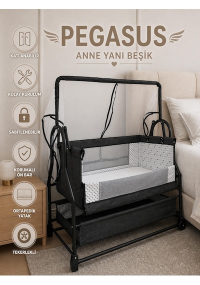 Kujju Pegasus Anne Yanı Katlanır Bebek Beşiği 50x90 Cm - Gri Füme