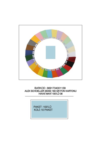 Alex Schoeller Fon Kartonu 160 Gr 35x50 08 Havai Mavi Çok Renkli