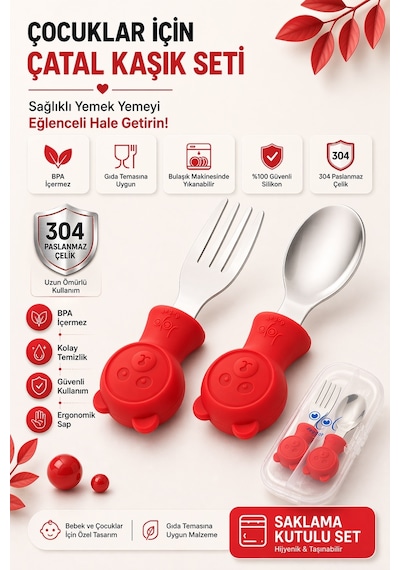 Jojobebek Ergonomik Kısa Saplı Silikon Paslanmaz Çelik Uçlu Saklama Kutulu Kaşık Çatal Seti - Kırmızı - 9 - 24 Ay Kırmızı