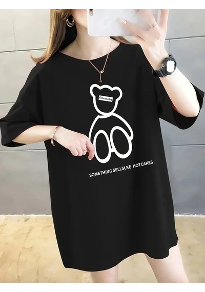 Kadın Tişört Penye Compack Baskılı Oversize Bisiklet Yaka T-shirt - Siyah