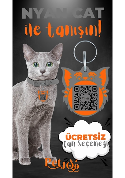 Petjoo 2.Nyan Cat Turuncu-Gri Qr'lı Kedi Künyesi