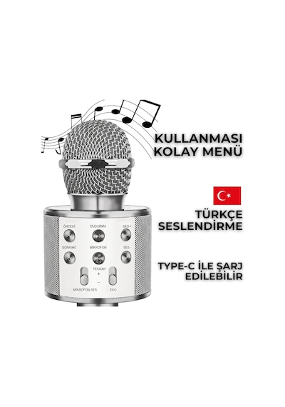 Concord Kablosuz Karaoke Mikrofonu - 6w Güçlü Çift Hoparlörlü, Eko Ve Ses Ayarlı, Bluetooth, Usb, Tf Kart Ve Aux Girişli, Taşınabilir Mini Ses Bombası Eğlence Mikrofonu Gümüş