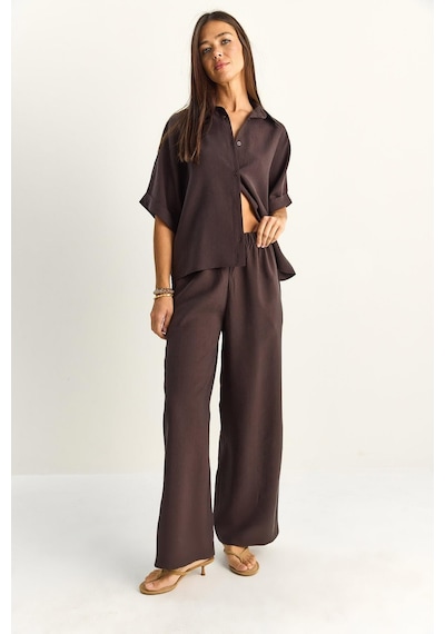 Shade Kadın Oversize Kısa Kol Gömlek Beli Lastikli Geniş Paça Pantolon Takım 7651 60286138 - Acı Kahve Çok Renkli