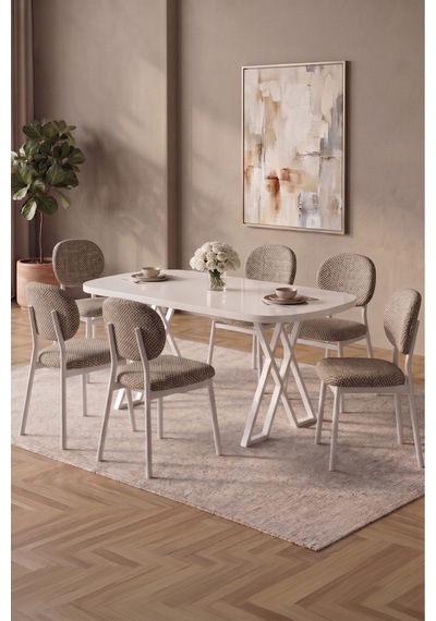 Hooli 90x168 Beyaz Mdf Masa, Metal X Ayak, Metal Sandalye, 6 Kişilik Mutfak Masası Takımı Ve Yemek Masası Takımı Cappuccino Hooli 90x168 Beyaz Mdf Masa, Metal X Ayak, Metal Sandalye, 6 Kişilik Mutfak Masası Takımı Ve Yemek Masası Takımı Cappuccino