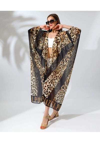 Kadın Rahat Kesim Şifon Kimono - Leopar Çok Renk