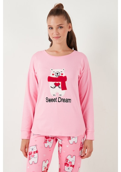 Lela Streç Standart Fit Bisiklet Yaka Desenli Bayan Pijama Takımı 6095700 Pembe