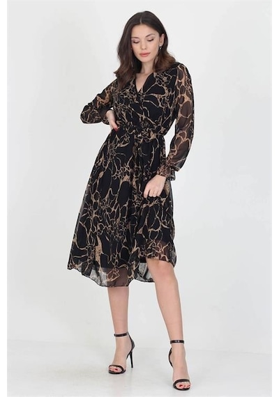 Dip Moda Kadın Astarlı Kruvaze Yaka Midi Boy Şifon Elbise Dprssn06 Siyah