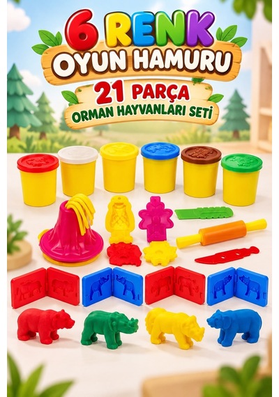 3D Orman Hayvanları Hamur 21 Parça 6 Farklı Renkli Dinazor Kalıplı Ve Aksesuarlı Oyuncak Oyun Seti