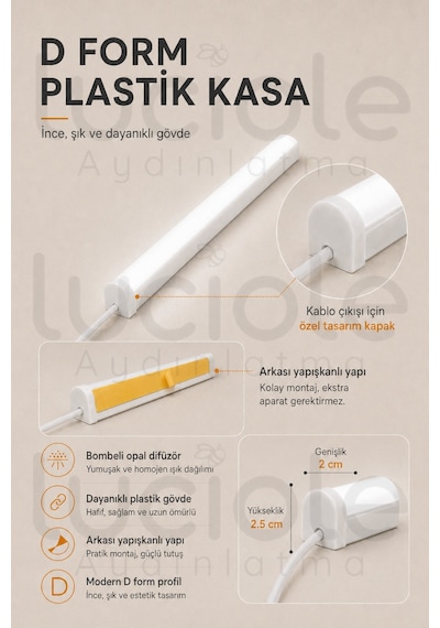 220v Beyaz Led Bar 50 Cm Fişli Anahtarlı Yapışkanlı Tezgah Altı Dolap İçi Aydınlatma