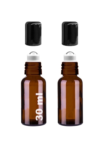Çelik Roll On Şişesi 30 ML Sızdırmaz Siyah Kapaklı Amber Cam Şişe 2 Adet