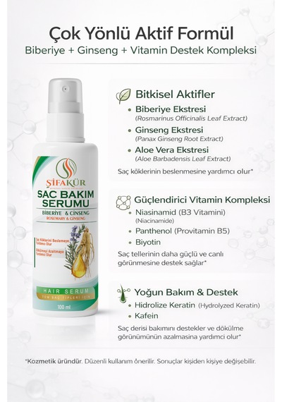 Şifakür Biberiye Ginseng Kafein Vitamin B3 Biyotin Keratin Saç Bakım Serumu 100 ML
