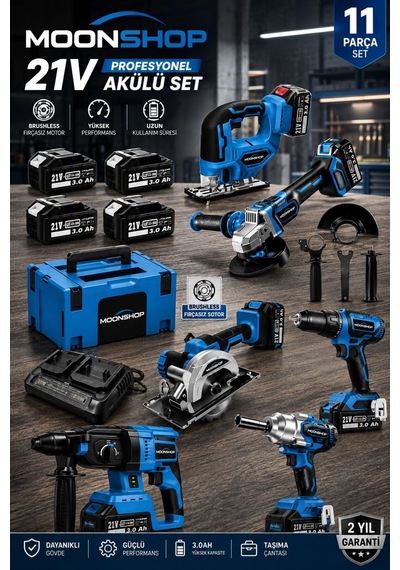 Moonshop DK011 21V DX-1079 Usta Seti 11 Parça Bl Motor Darbeli Matkap + Avuç Taşlama +  Somun Sıkma +  Daire Testere +  Dekupaj