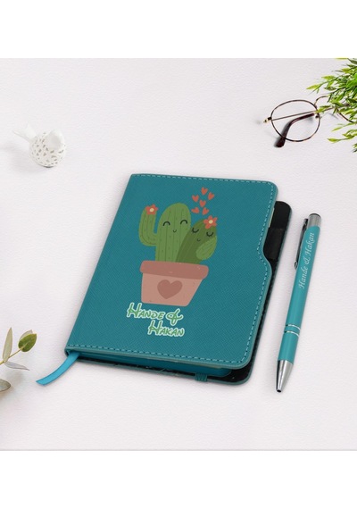 Kişiye Özel Kaktüs Tasarımlı Turkuaz Termo Deri Defter Kalem Seti N11.2144