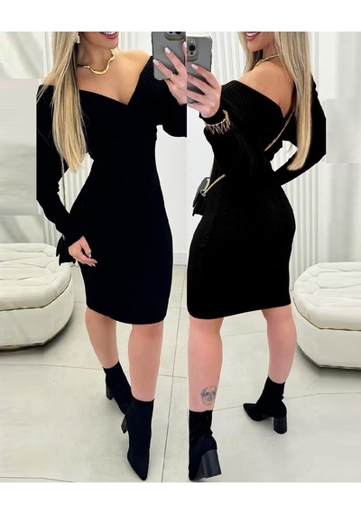 Tua Moda Kadın Uzun Kollu Omuzlardan Açık Kruvaze Yaka Kısa Triko Elbise Siyah