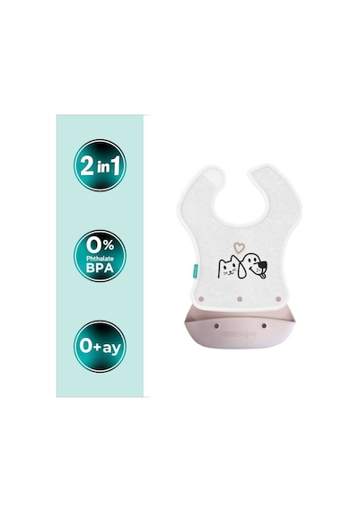 Mamajoo Silikon & Kumaş Katlanır Mama Önlüğü | 2-in-1 Powder Pink + Kumaş Önlük