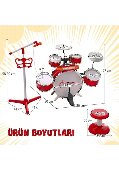 Mikrofonlu Işıklı Sesli Bateri Seti - Piyanolu Tabureli Bagetli Eğitici Çocuk Bateri Takımı Kırmızı