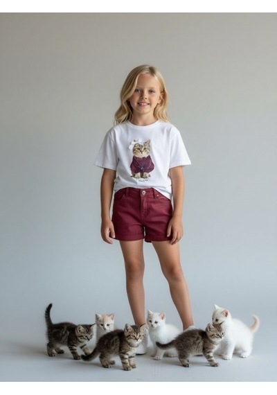 Zekids Kız Çocuk Oversize Kedi Baskılı Tasarım T-shirt-17269 Ekru