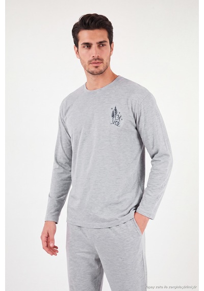 Buratti Minimal Baskılı Pamuklu Uzun Kollu Pijama Takımı Erkek Pijama Takımı 6575005 Gri Melanj