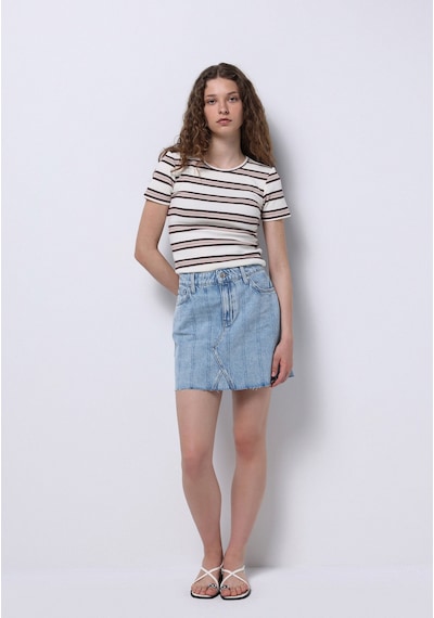 Colins Slim Fit Yuvarlak Yaka Çizgili Kadın Ekru Kısa Kol Tişört Cl1076458 Q1.v1 Ecr Gri
