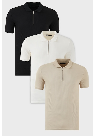 Buratti Pamuklu Regular Fit Yarım Fermuarlı 3'Lü Paket Erkek Polo Yaka T Shirt 5902738S3 Siyah-Ekru-Vizon