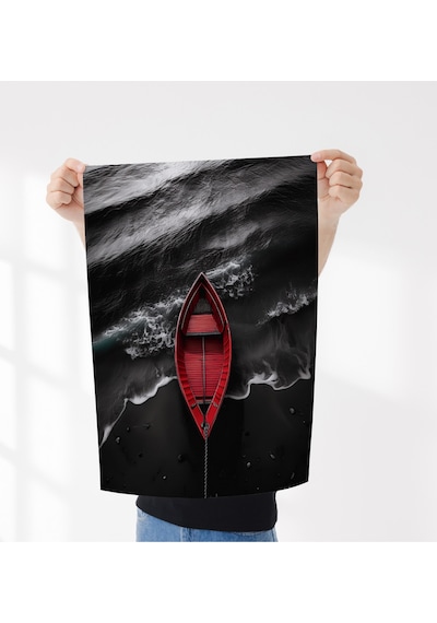 Çerçevesiz Poster, Dijital Baskı, Denizde Kırmızı Kayık , Ofis Salon Dekorasyon , Poster