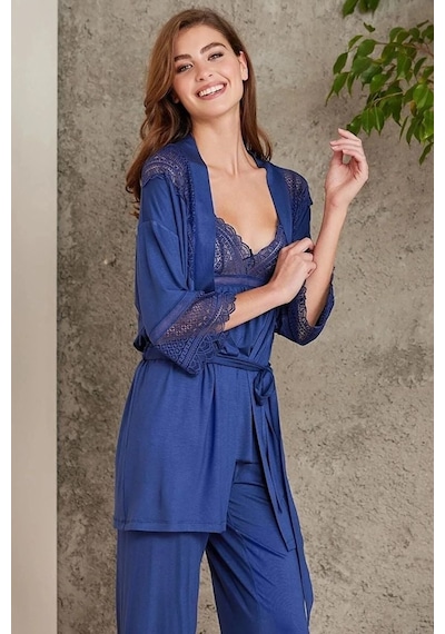 Pierre Cardin 2820 Kadın Lacivert Dantelli Penye 3'lü Sabahlıklı Pijama Takım 001