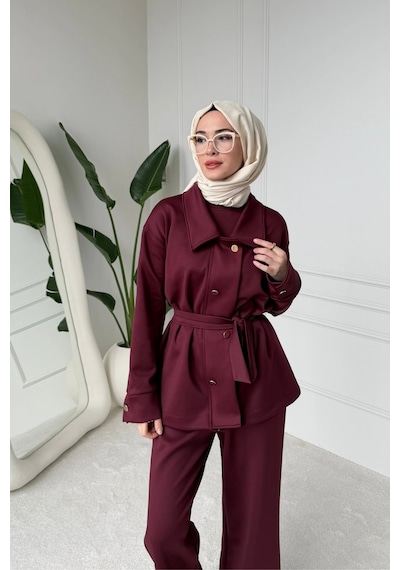 Mihran Butik Sophie Model Bel Kemer Ve Düğme Detaylı Kadın Takım Bordo Çok Renkli