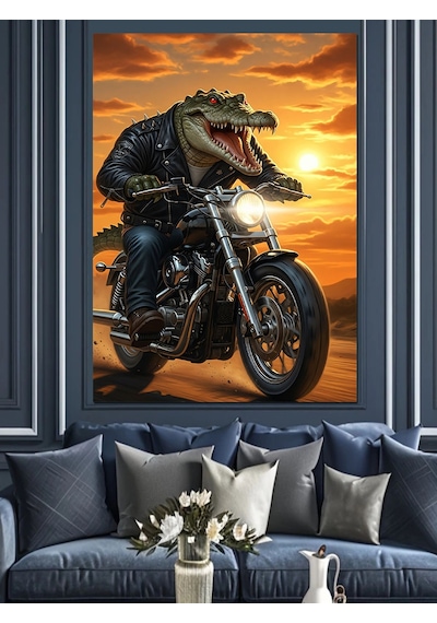 Ahşap Tablo Motosiklet Süren Timsah Adam