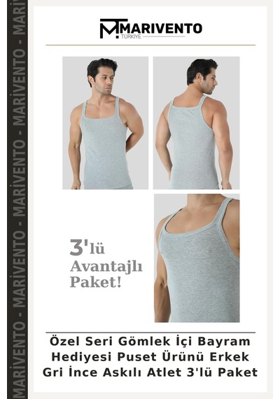 Marivento Özel Seri Gömlek İçi Bayram Hediyesi Puset Ürünü Erkek Gri İnce Askılı Atlet 3'lü Paket