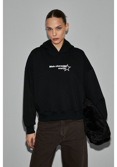 Grımelange Teraly Kadın Organik Pamuklu Polarlı Kumaşlı Baskı Detaylı Siyah Sweatshirt Siyah